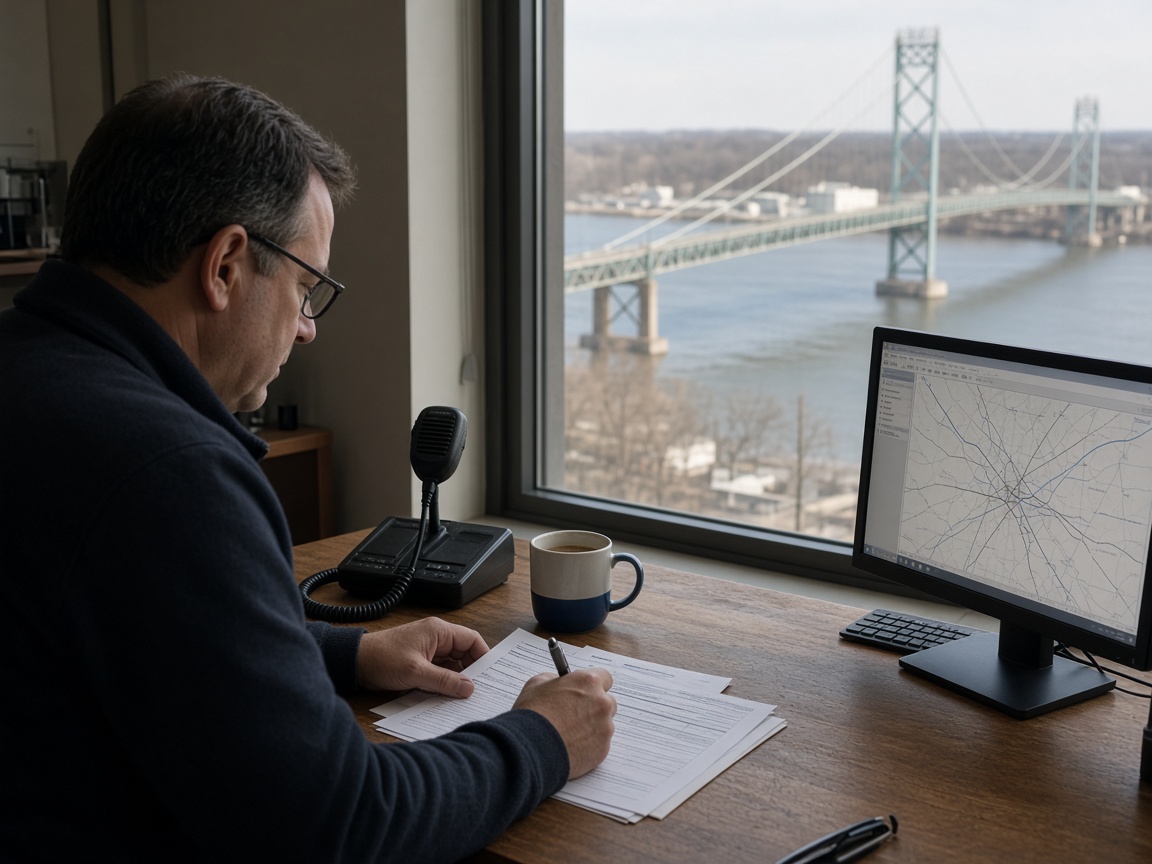 A dispatcher at a desk reviewing freight bills, with a radio, a map on the screen, and a suspension bridge beyond the window.