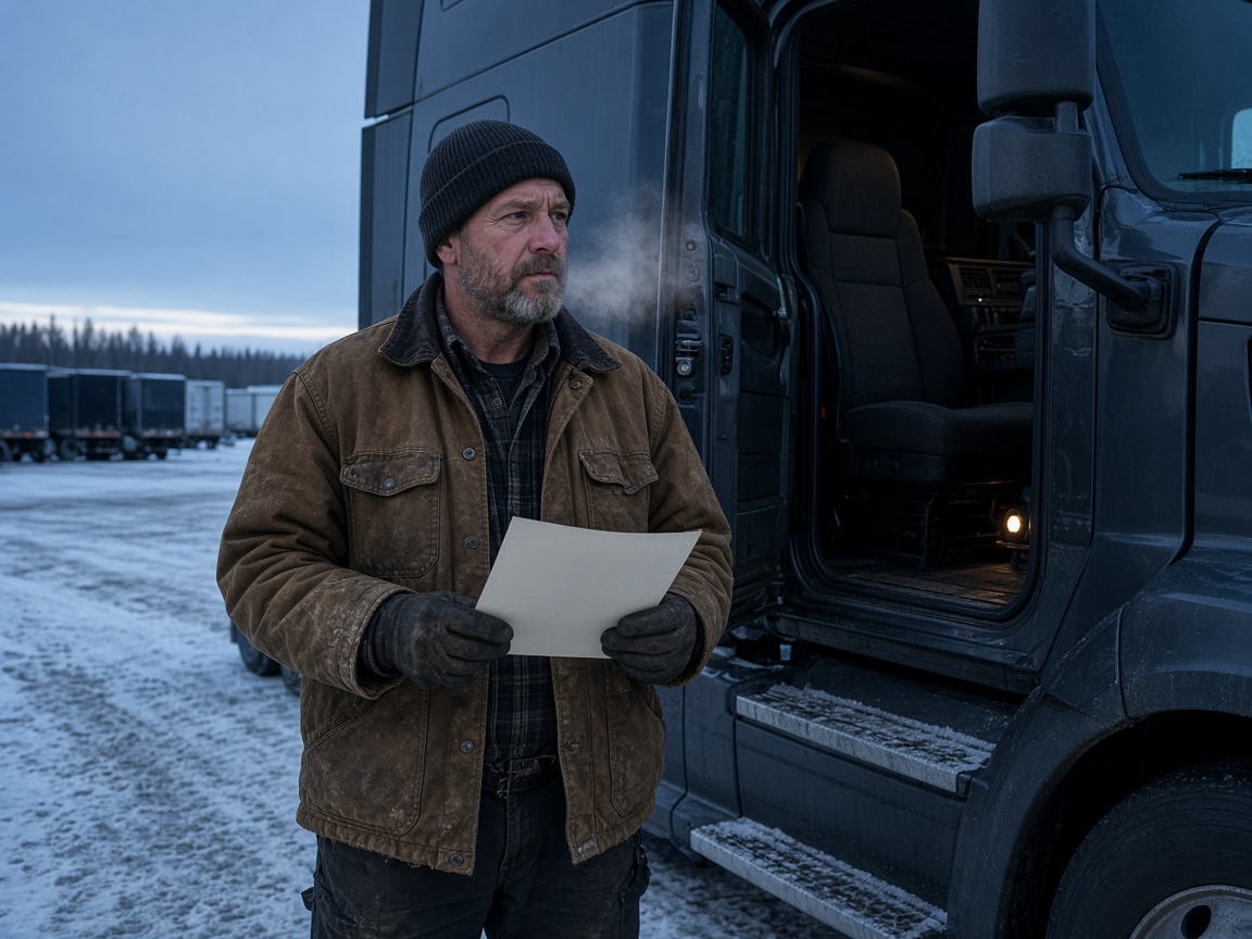 A driver in a winter jacket holding a freight bill beside an open cab in the snow.