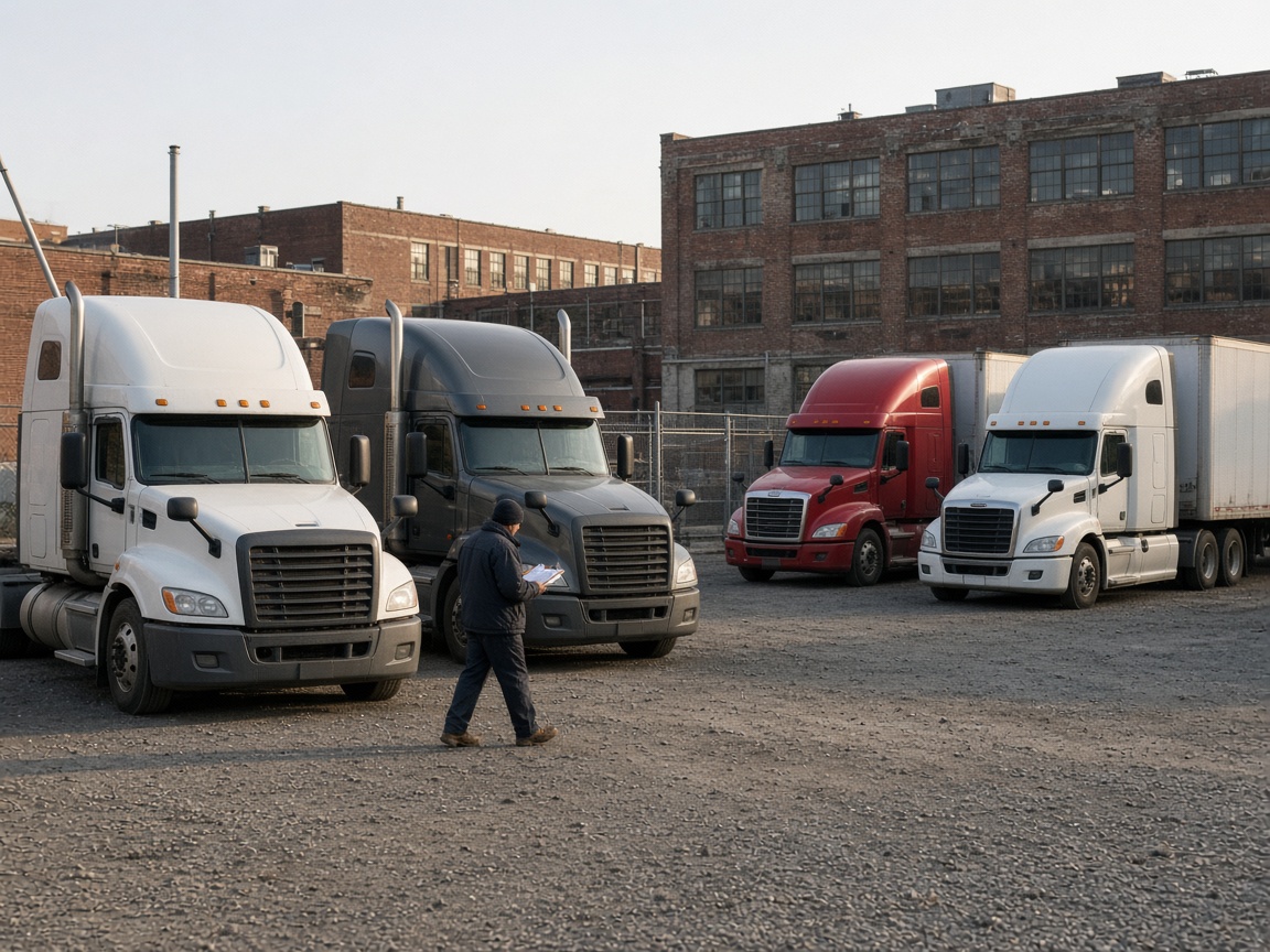 Four trucks in a gravel yard beside brick warehouses, a driver walking with a clipboard.