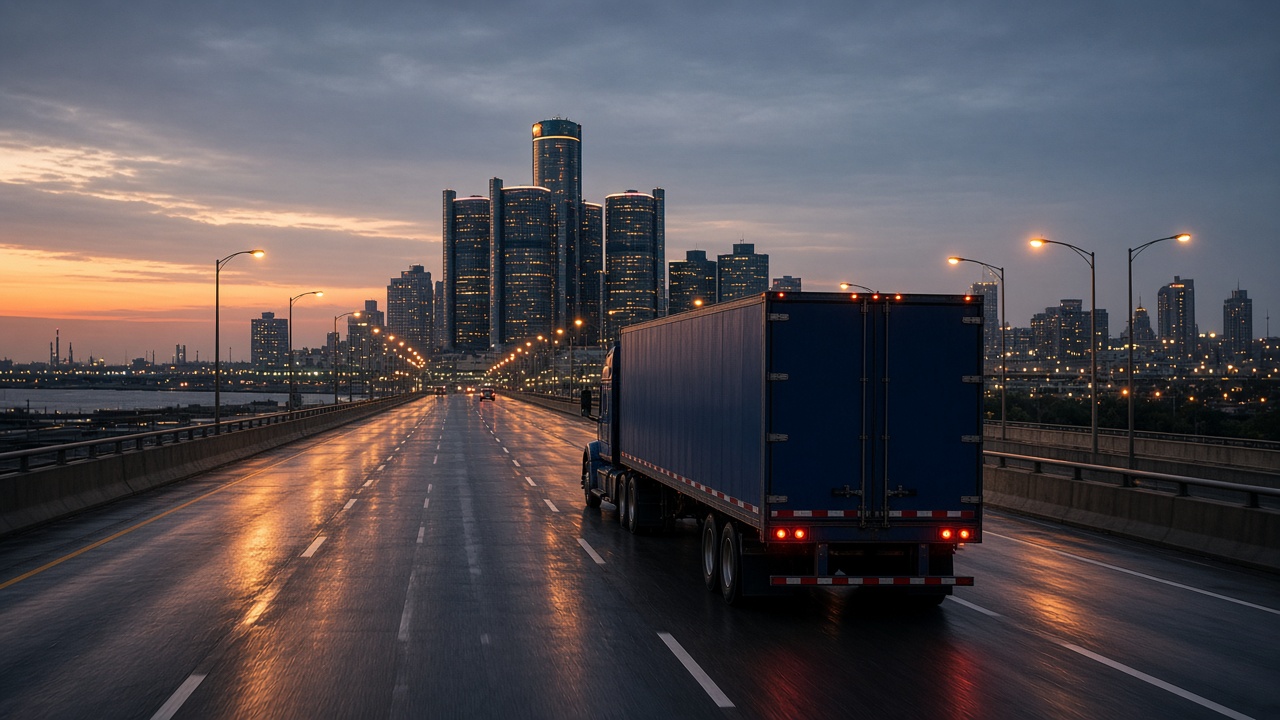 A loaded dry van on a wet highway at dusk, with a glass-tower skyline ahead.