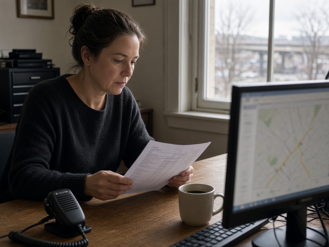 A broker at a desk reviewing a freight bill, with a dispatch radio and a map on the screen.