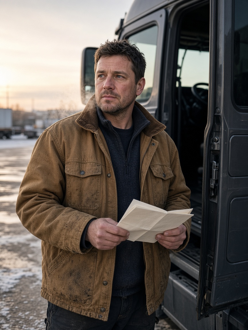 A driver standing at an open cab door, holding a freight bill in the early morning.