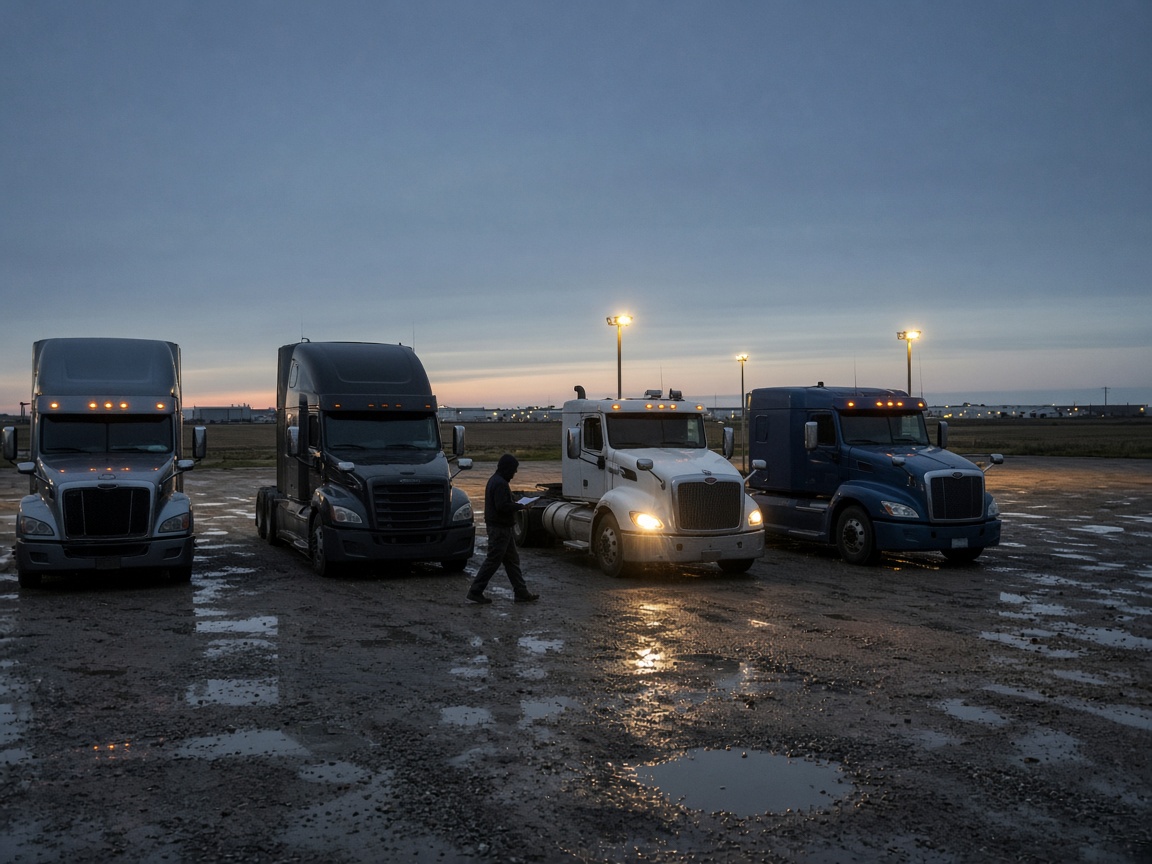 Four trucks in a gravel yard at dusk, a driver walking between the cabs with a clipboard.