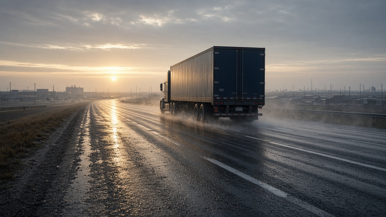 A loaded dry van on a wet highway at dawn, with an industrial skyline ahead.