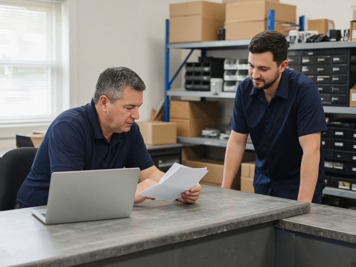 A purchasing manager and a staff member reviewing an invoice at a parts counter.