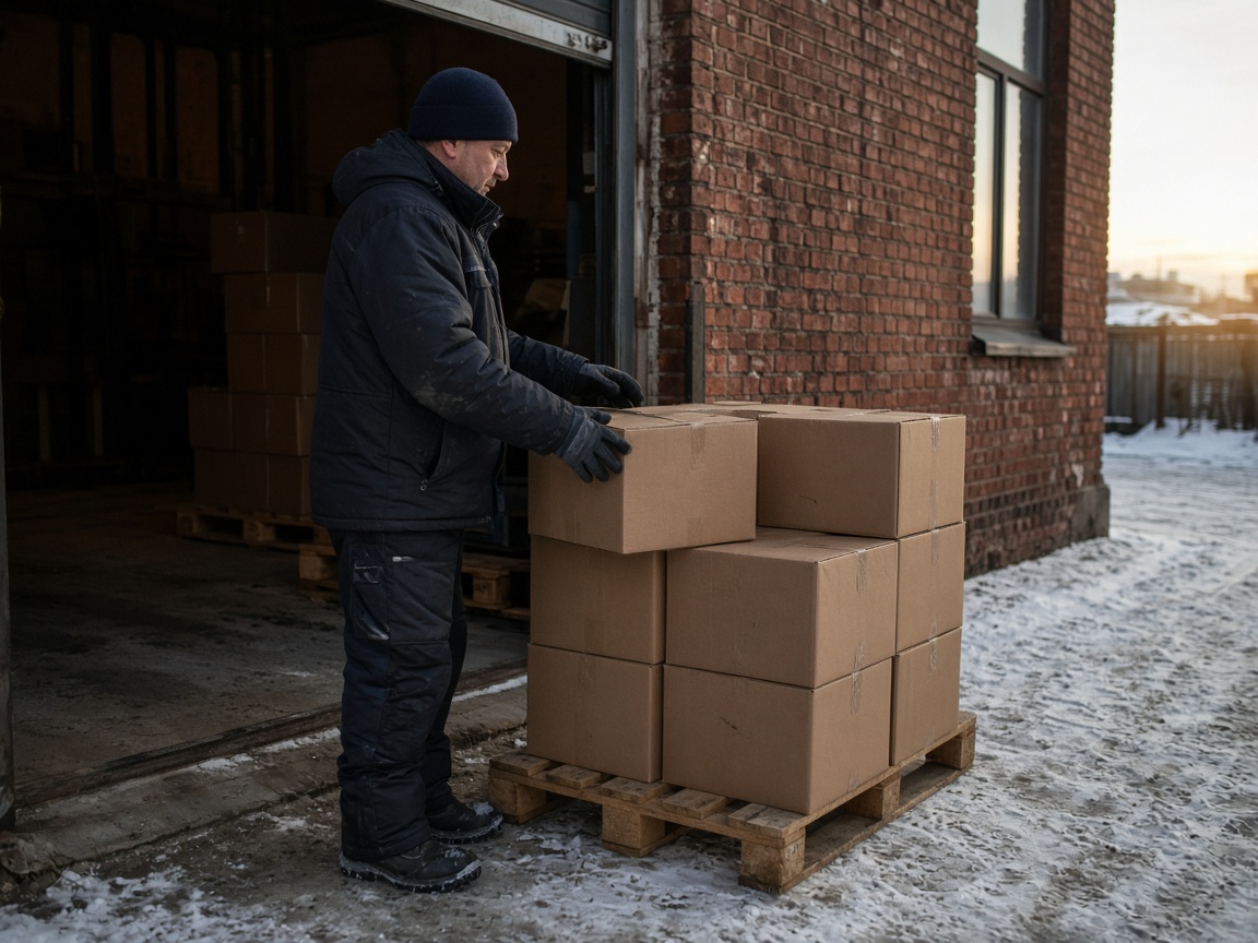 A dock worker in a winter jacket checking a pallet of plain cartons outside a brick warehouse.