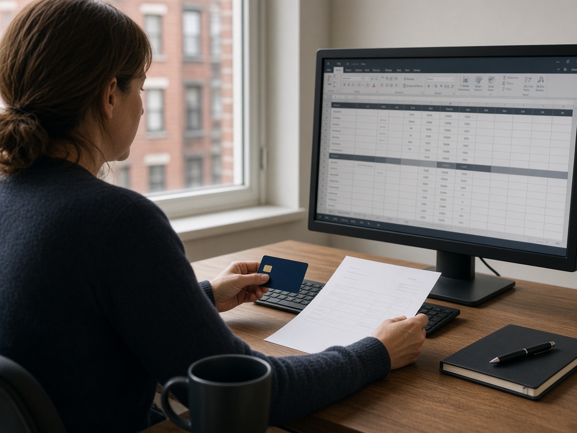 An accounts person at a desk holding a card and a blank invoice, with a spreadsheet on the monitor.