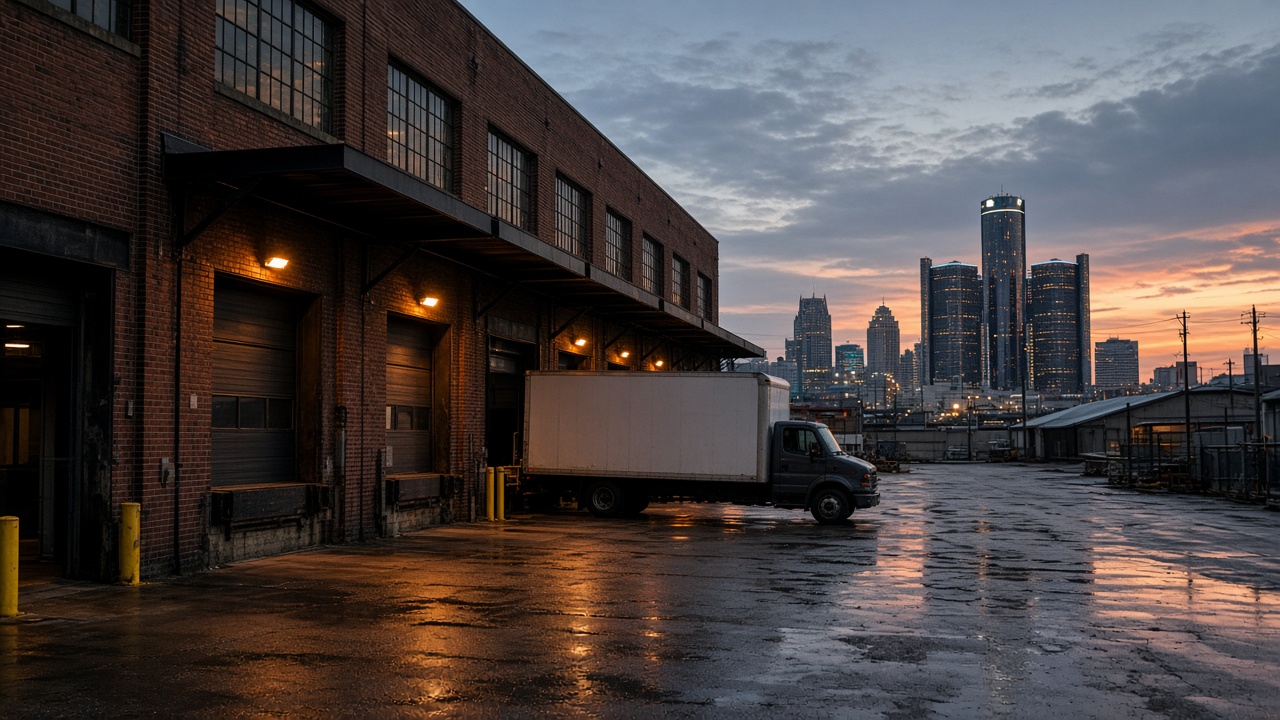 A brick warehouse at dusk with a box truck at the dock and a glass-tower skyline beyond the yard.